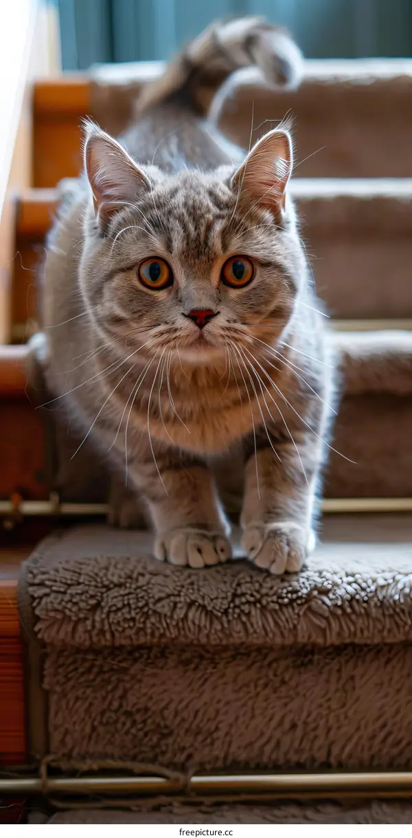 Cute British Shorthair Cat Walking Down Stairs