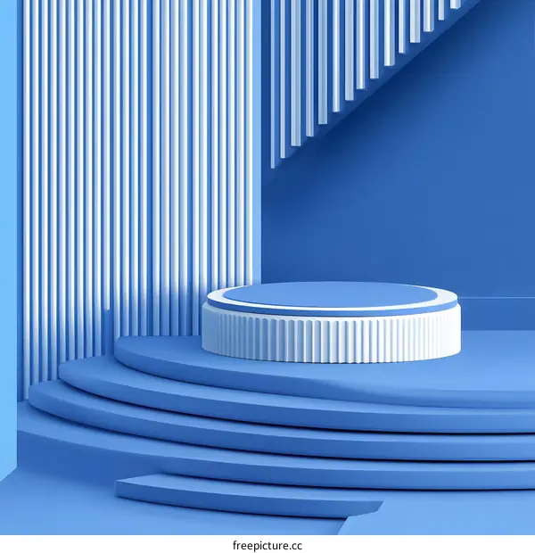 Abstract Blue And White Cylindrical Platform With Geometric Stripes Background