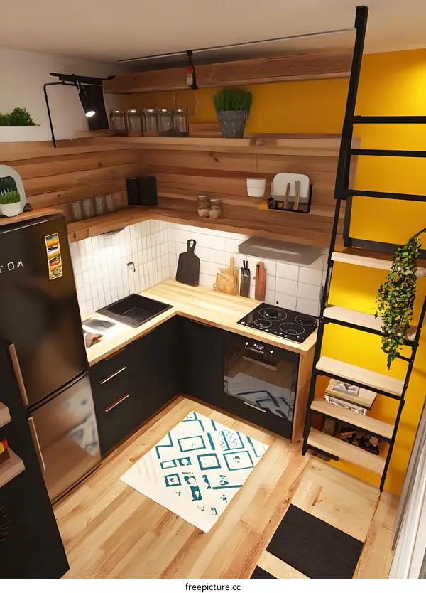 Small Kitchen Design with Black Cabinets and Yellow Wall