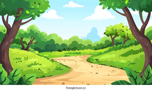 Cartoon Illustration Of A Winding Path Through A Lush Green Forest