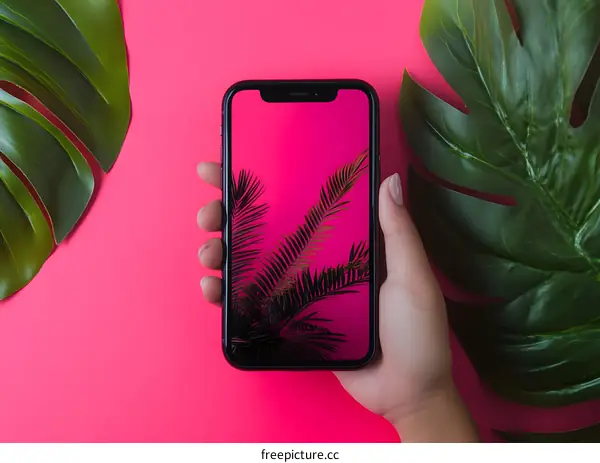 Phone with Pink Background and Palm Leaves