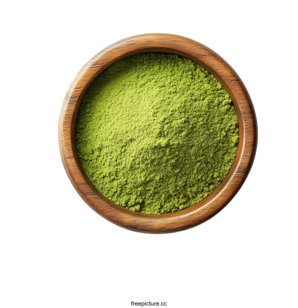 [Transparent Background PNG]Green Tea Powder in Wooden Bowl with Leaves