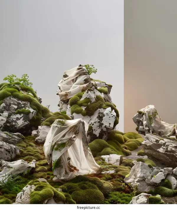 Abstract Art Installation with Moss Covered Rocks and Fabric