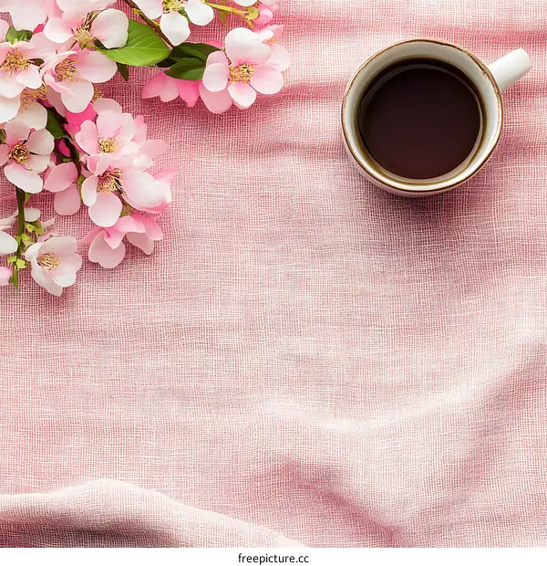 Pink Fabric Background with Coffee Cup and Flowers