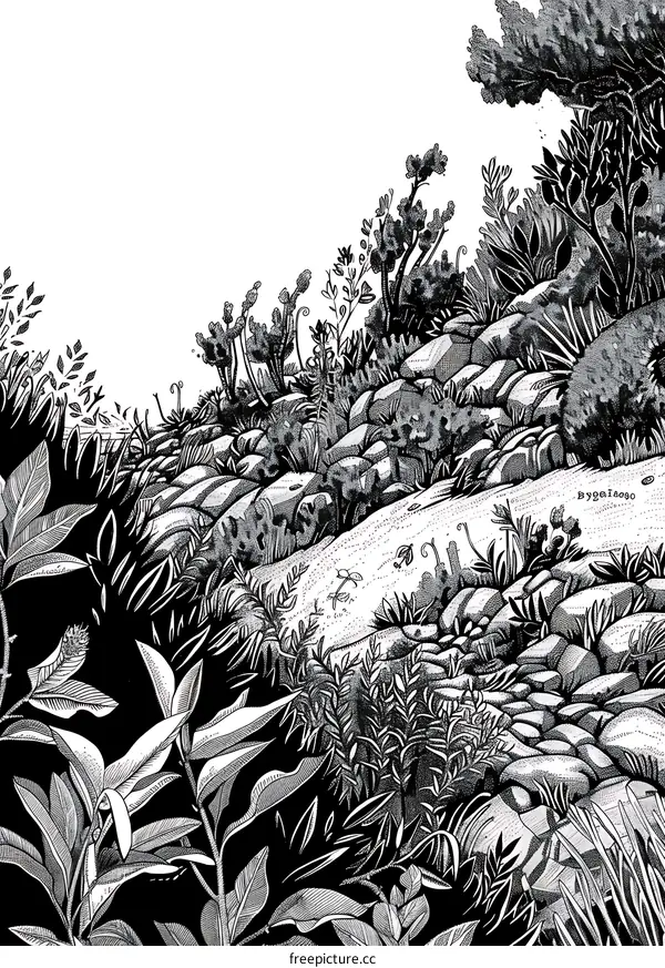 Black And White Illustration Of A Rocky Path Through Lush Greenery