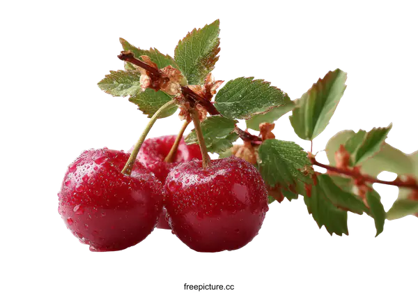 [Transparent Background PNG]Fresh Cherries with Water Drops on Branch
