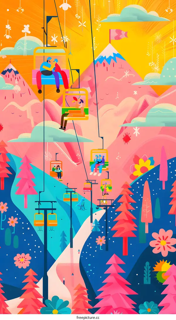 Colorful Illustration of People Riding a Gondola Up a Mountain