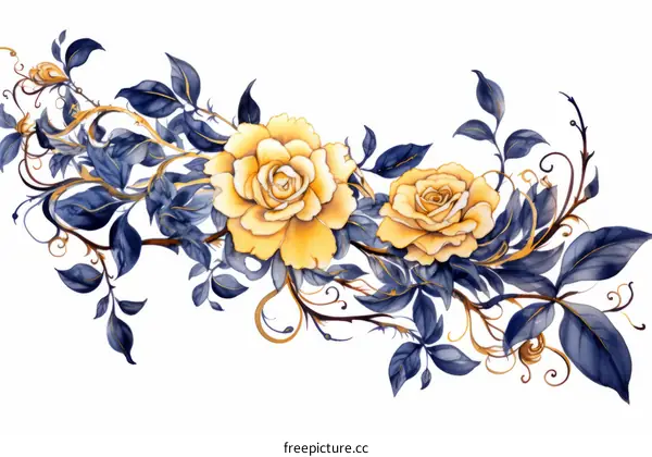 Watercolor Painting of Yellow Roses with Blue Leaves