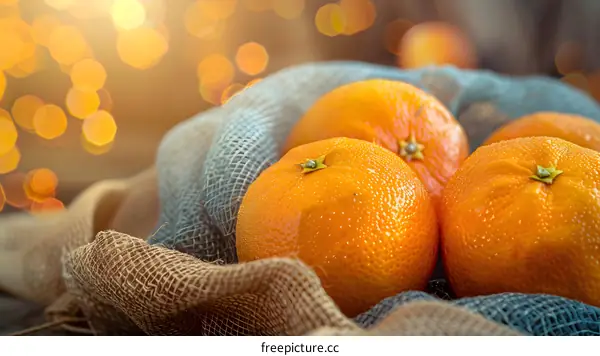 Fresh Oranges in a Burlap Sack with Blurred Golden Lights Background