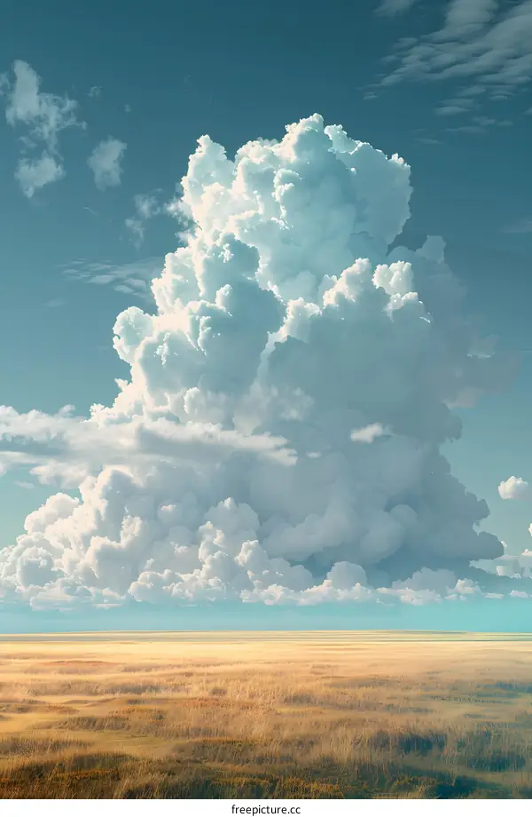 A large white cloud is floating in the blue sky above a vast plain.