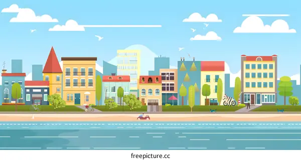 Cartoon Illustration of a Cityscape with Buildings, Trees, and a River