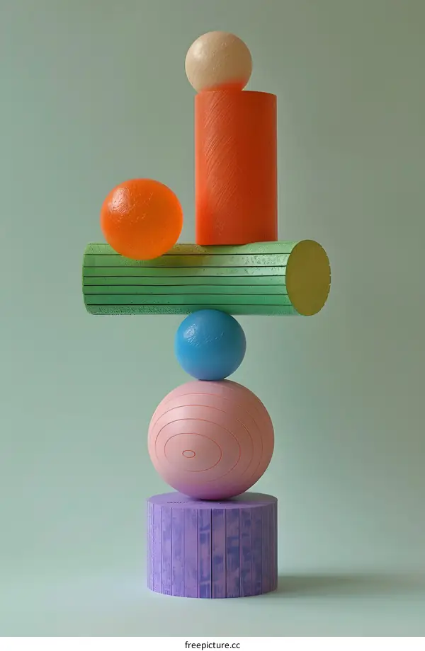 Abstract Colorful 3D Geometric Shapes Balanced On Top Of Each Other