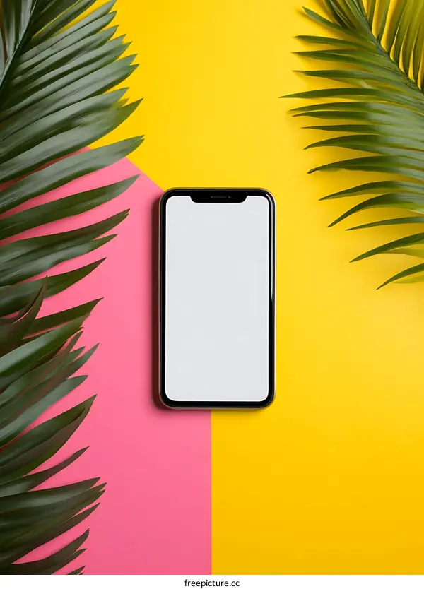 Mobile Phone Mockup with Palm Leaves on a Pink and Yellow Background