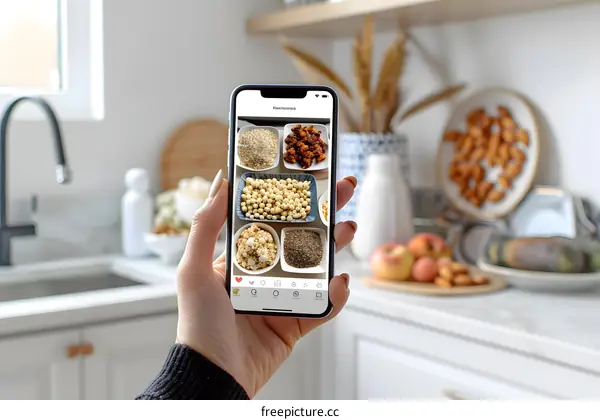 Woman Holding Phone with Healthy Food Collage