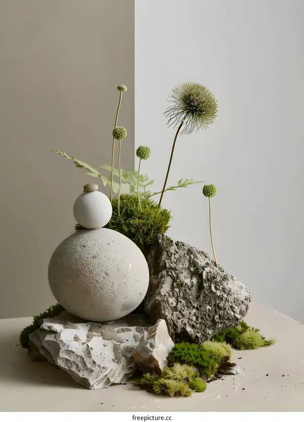 Stone and Moss Arrangement Minimalist Still Life Photography