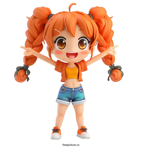[Transparent Background PNG]3D illustration of a cute anime girl with orange twintails