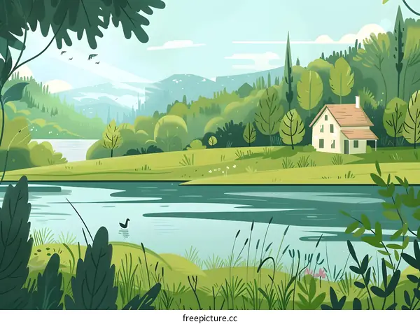 Green Landscape With House and River Illustration