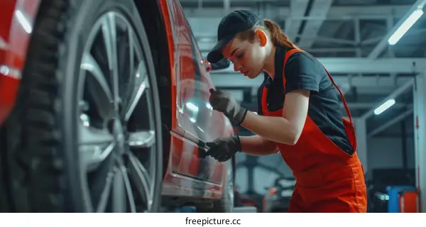 Female auto mechanic in uniform inspecting car body with flashlight
