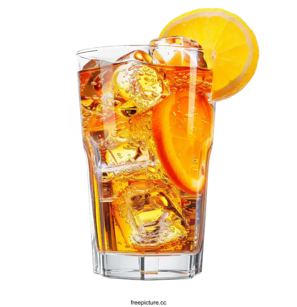 [Transparent Background PNG]refreshing carbonated orange drink with ice cubes and orange slice