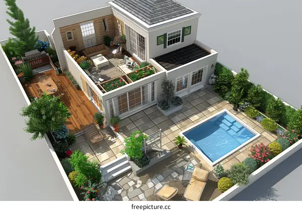House Backyard Design with Swimming Pool and Garden