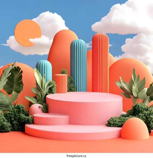 Abstract 3D Colorful Scene With Platform and Plants