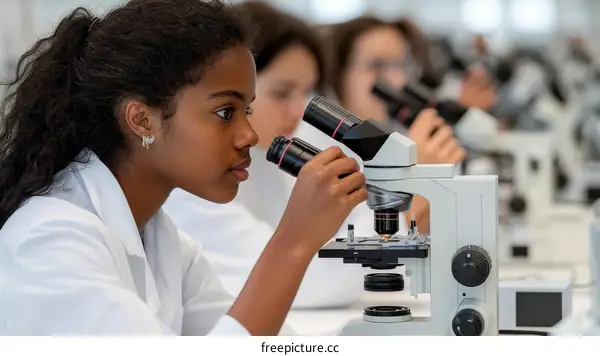 Focused Student Examining Microscope in Science Lab