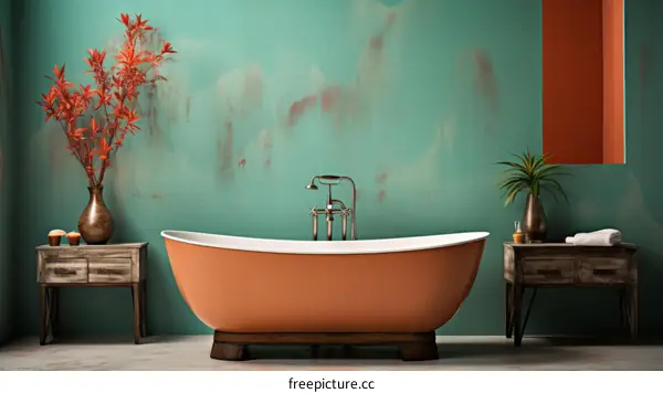 Freestanding Bathtub with Lush Greenery