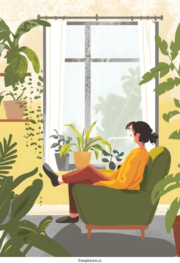 Woman Relaxing in a Green Armchair Surrounded by Plants