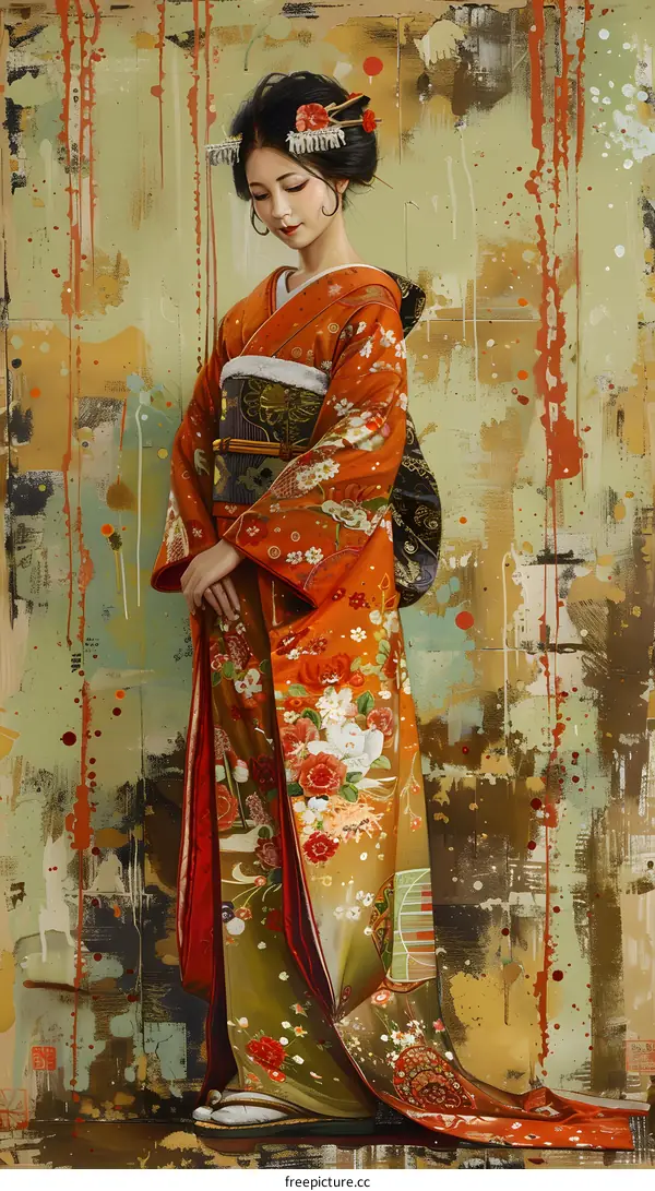 An Asian woman wearing a kimono with floral pattern