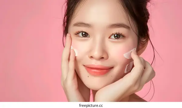 Smiling Asian Woman Applying Facial Cream