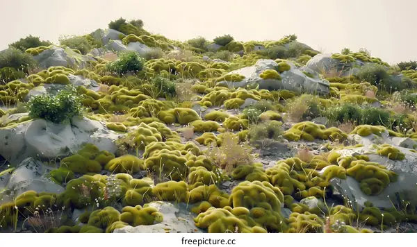 Green Moss and Gray Rocks Landscape