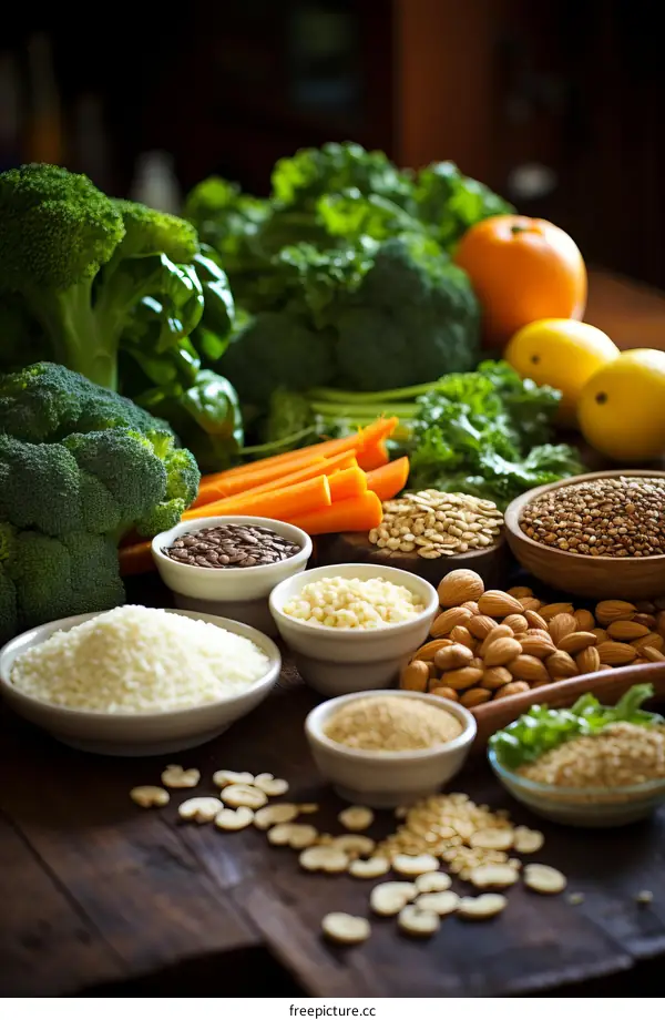 A variety of healthy food including vegetables, fruits, grains, and nuts