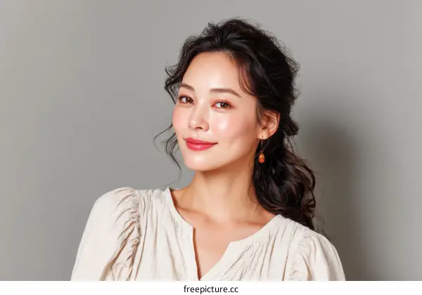 Beautiful Asian Woman Portrait Against Gray Background