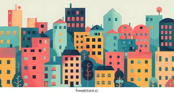Colorful Cityscape Illustration With Buildings And Trees