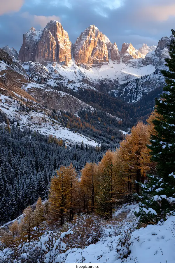 Snowy Mountain Range with Golden Larch Trees in Autumn