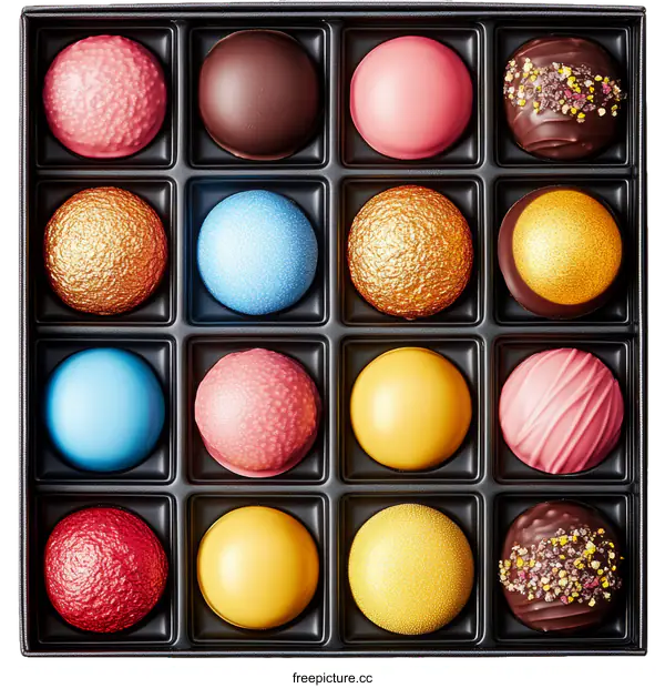 [Transparent Background PNG]Assortment of Colorful Chocolate Truffles in a Gift Box