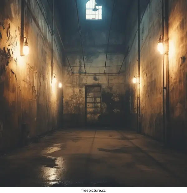 Grungy concrete room with a single door and window