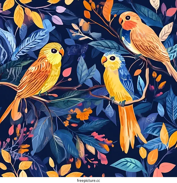 Colorful Parrots in a Lush Floral Garden