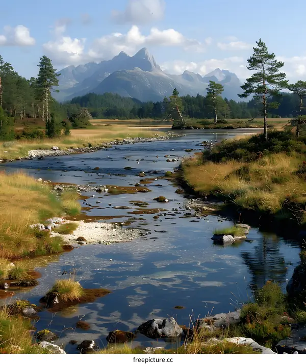 A river flowing through a valley in the Swiss Alps
