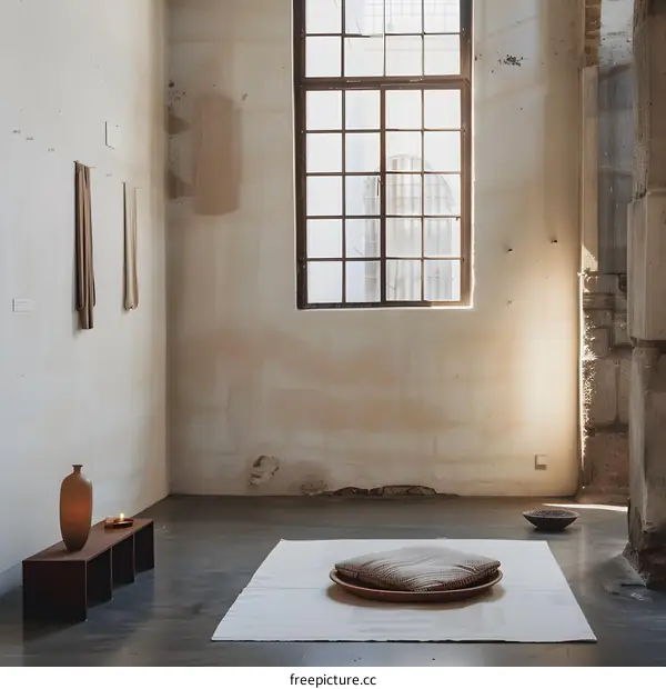 Minimalist Interior Design With White Mat and Pillow in a Room With a Large Window