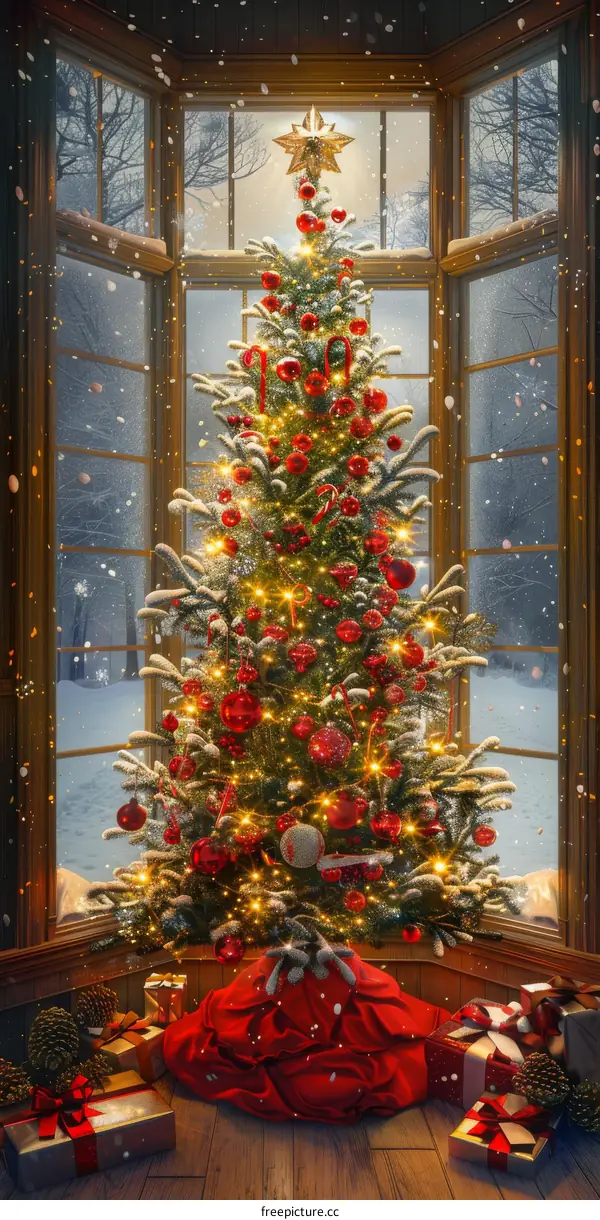 Christmas Tree in a Snowy Bay Window