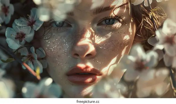 A woman with freckles on her face and flowers in her hair