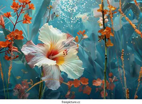 Close Up Of A White And Pink Flower With A Teal Background