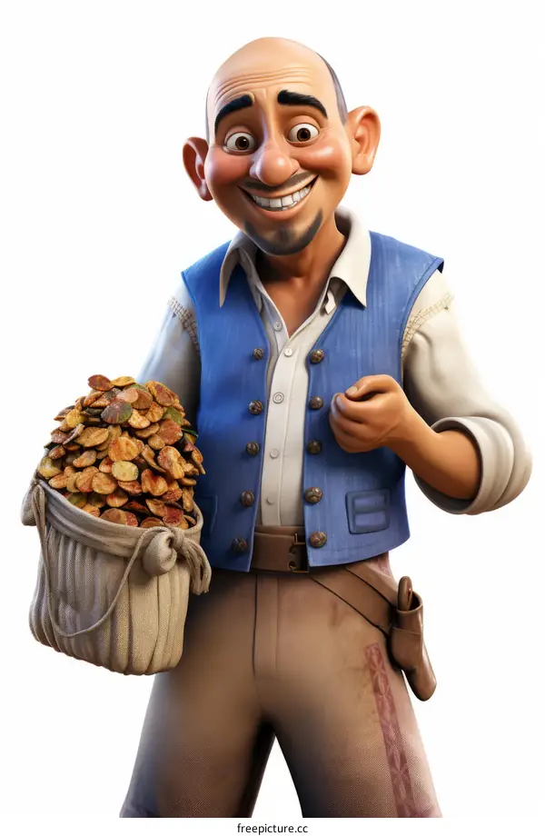 Smiling man holding a bag of gold coins