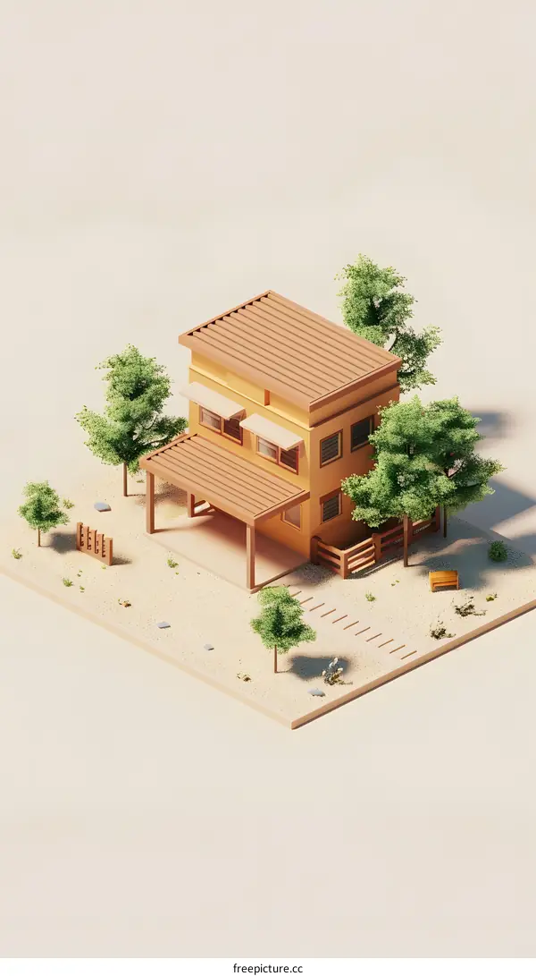 Low Poly House with Trees and a Garden