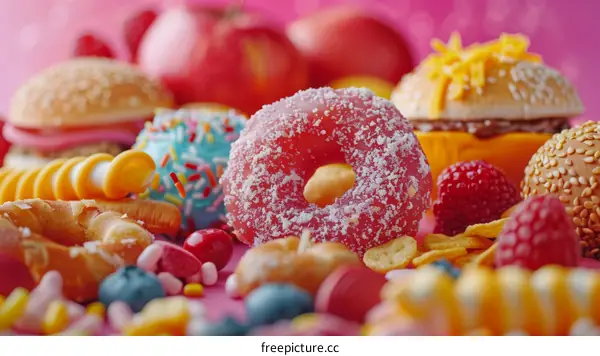 Sweet and unhealthy food with donuts, candy and fruits on the colorful background