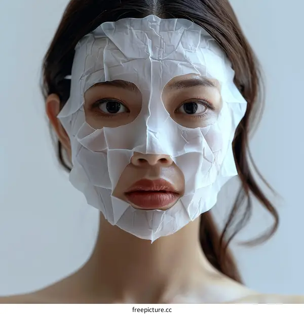 Close up of a young woman with a white facial mask on her face