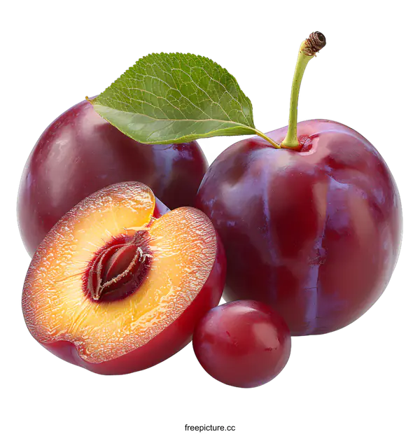 [Transparent Background PNG]Fresh plums with leaf isolated on white background