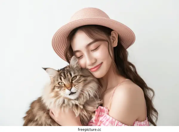 A young woman is hugging a Maine Coon cat