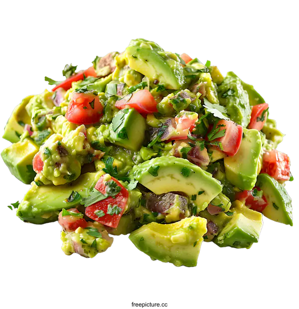 [Transparent Background PNG]Homemade fresh organic green color avocado salad with red tomatoes and parsley